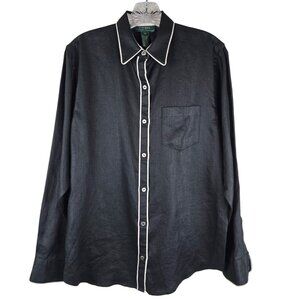 Lauren Ralph Lauren Black Linen Blouse M Long Sleeve Collared Top Piped Trim